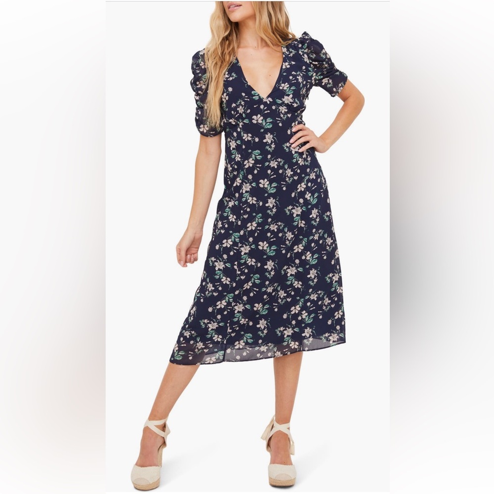 ALL IN FAVOR Ruched Sleeve Floral Navy Midi Dress - XL